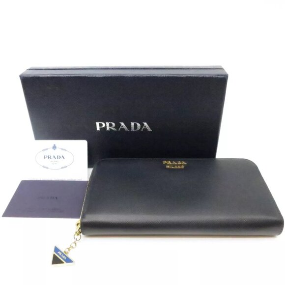 PRADA Saffiano Triang Zippy Round Wallet Black - Picture 1 of 12